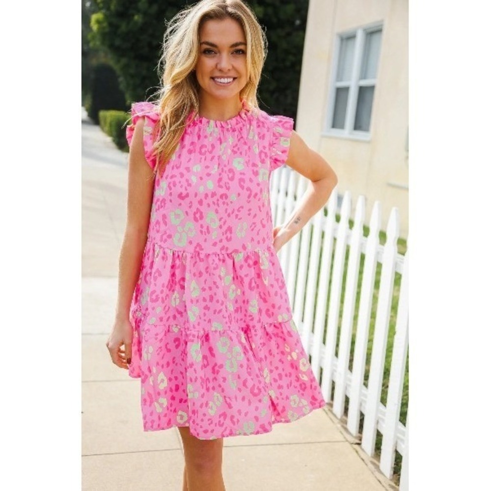 First Love by Lovelyn Dress Womens L Pink Leopard Flutter Sleeve Babydoll Preppy